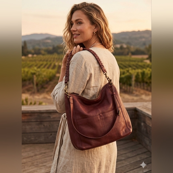 Lucky Brand Handbags - Lucky Brand Braided-Handle Leather Hobo Bag - Chestnut NWOT